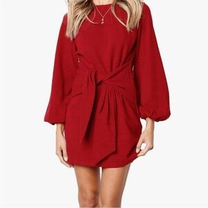 R. Vivimos Chic Long Sleeve Red Dress with Waist Tie NWT